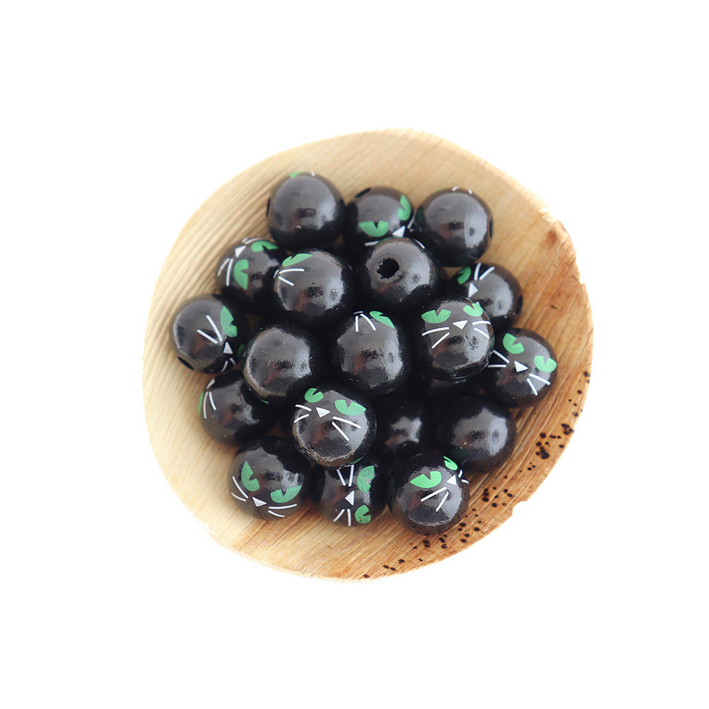 Round Wooden Beads 15mm - Black Cat - 15 Beads - BD2088