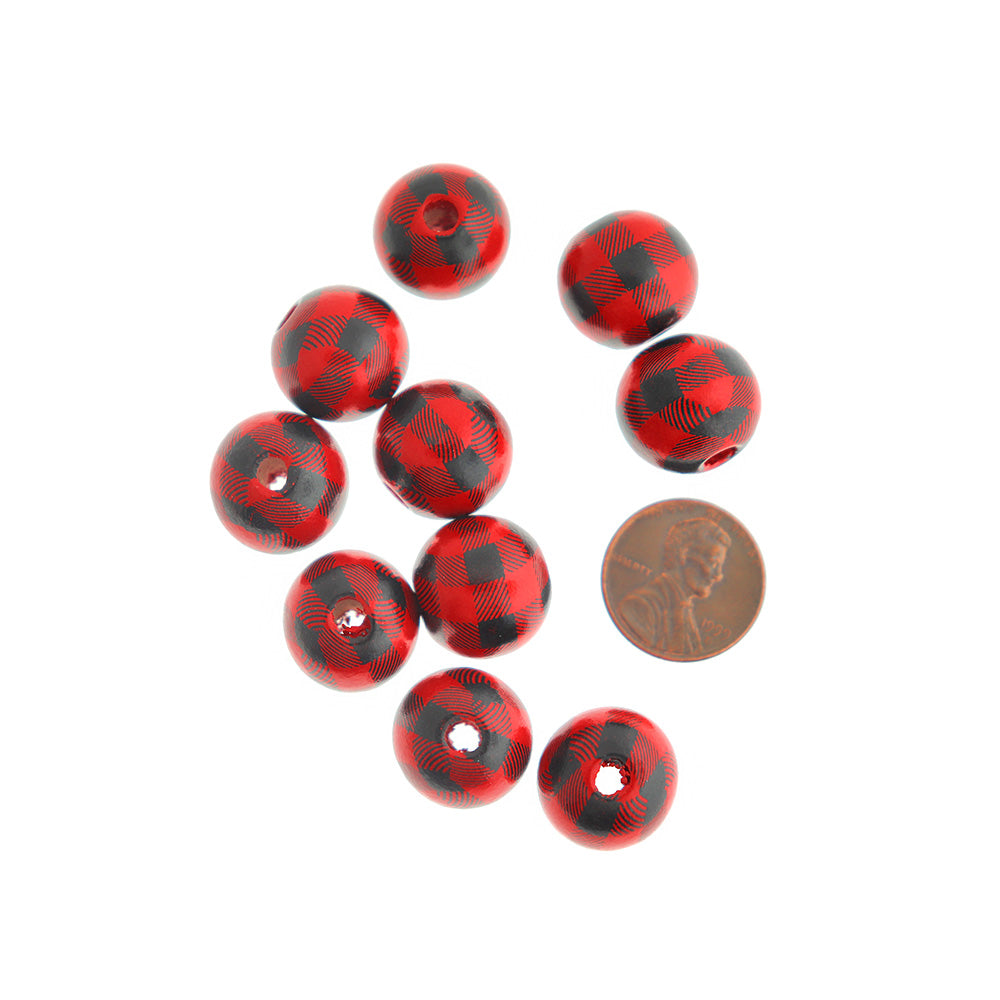 Round Wooden Beads 16mm - Buffalo Plaid - 10 Beads - BD2813