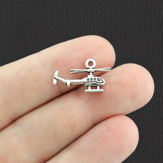 15 Helicopter Antique Silver Tone Charms 2 Sided - SC5484