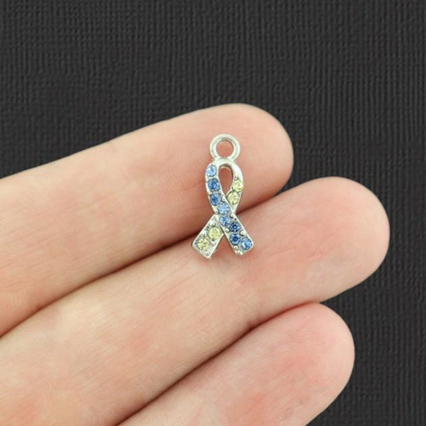 2 Awareness Ribbon Silver Tone Charms With Inset Blue and Yellow Rhinestones - SC7108
