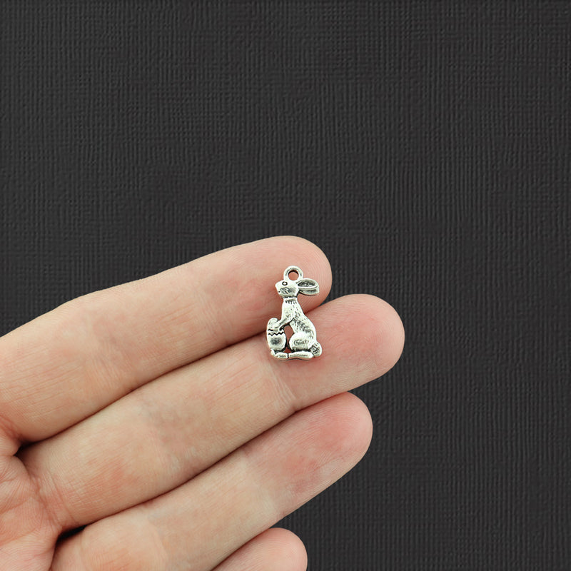 10 Easter Bunny Antique Silver Tone Charms 2 Sided - SC912
