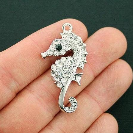 Seahorse Silver Tone Charm With Inset Rhinestones - SC6759