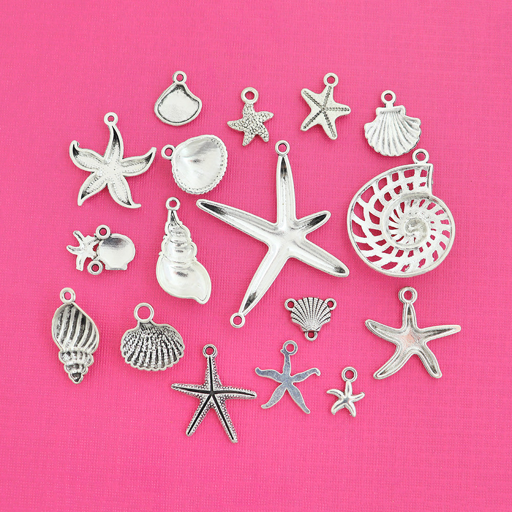 Seashell Charm Collection Antique Silver Tone 17 Charms - COL372H
