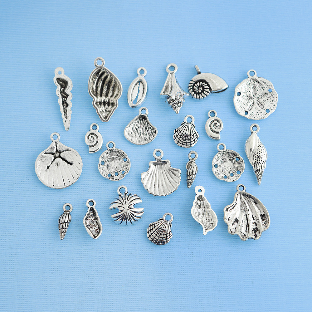 Seashell Charm Collection Deluxe Antique Silver Tone 22 Charms - COL028