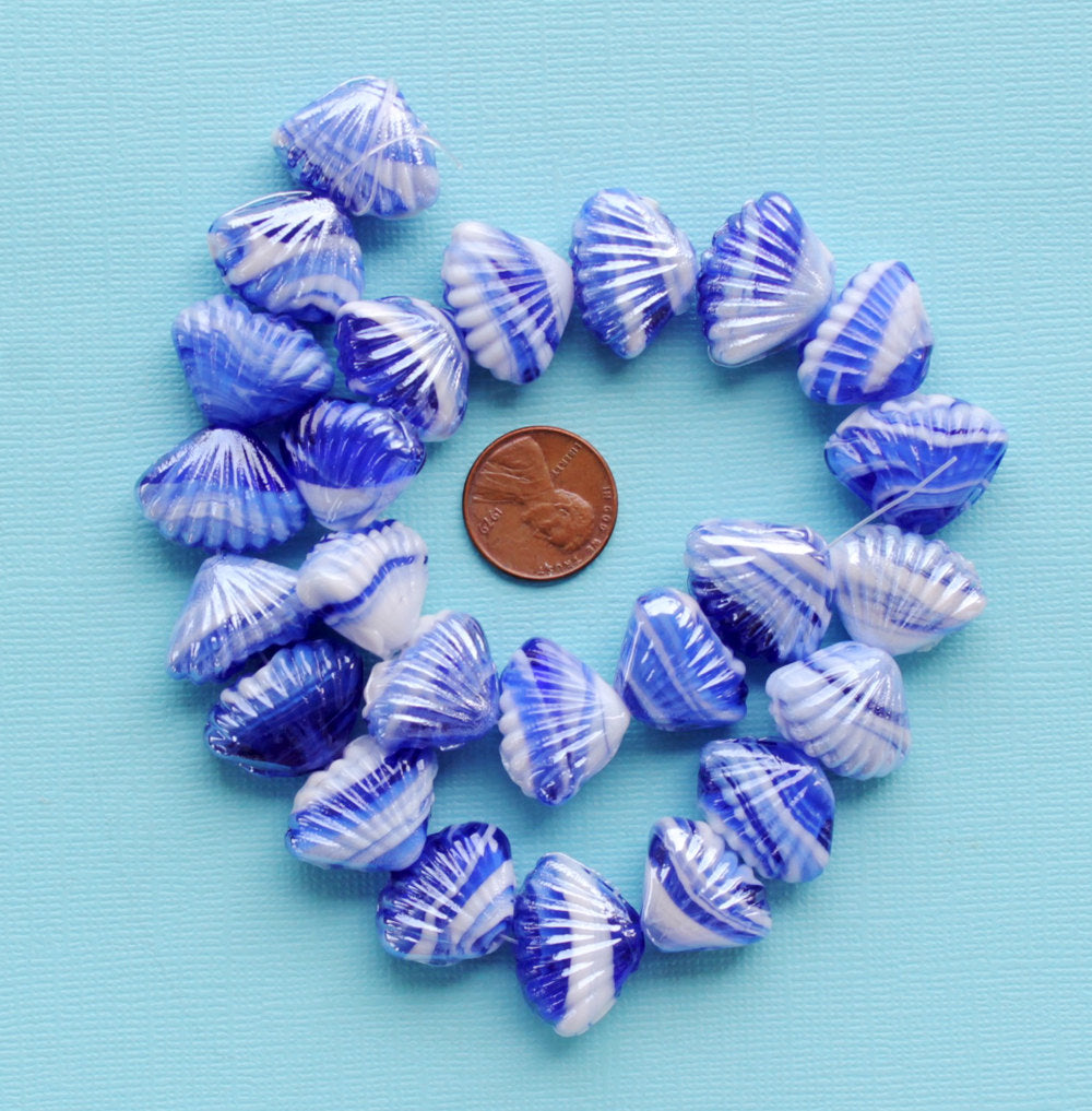 Shell Glass Beads 22mm x 18mm - Blue and White - 6 Beads - BD550