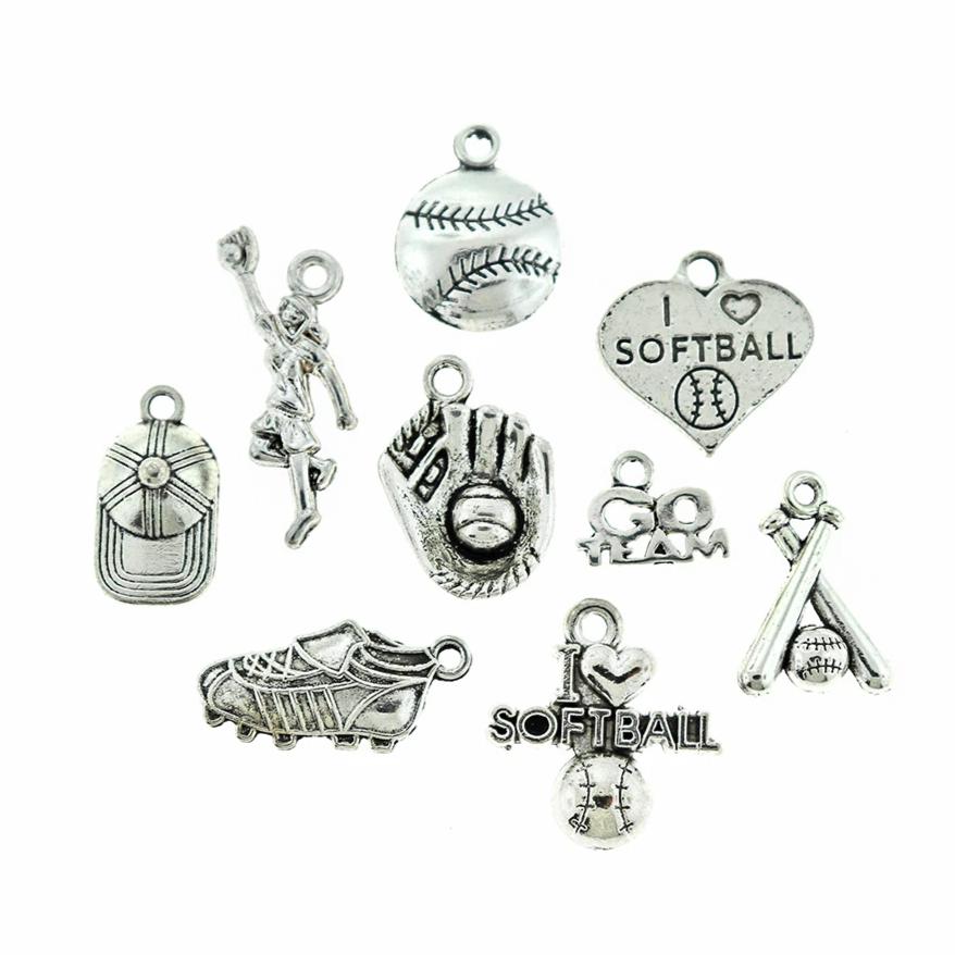 Collection de breloques Softball ton argent antique 9 breloques différentes - COL068