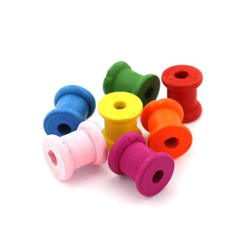 Bobine de perles en bois 14 mm x 13 mm - Couleurs arc-en-ciel assorties - 25 perles - Z110