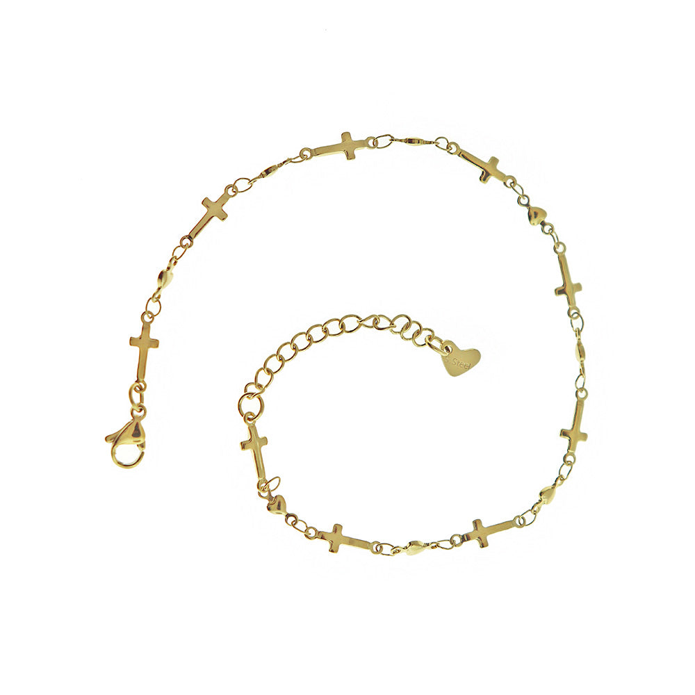 Bracelets chaîne coeur croix acier inoxydable doré 11" plus prolongateur - 3mm - 5 bracelets - N807