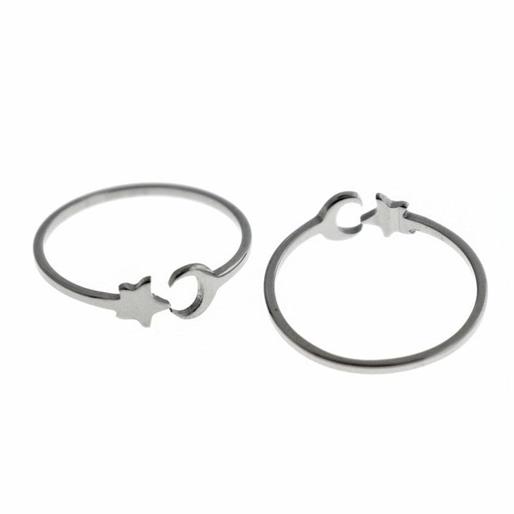 Stainless Steel Cuff Ring - Crescent Moon and Star - Adjustable US Size 8 - FR014