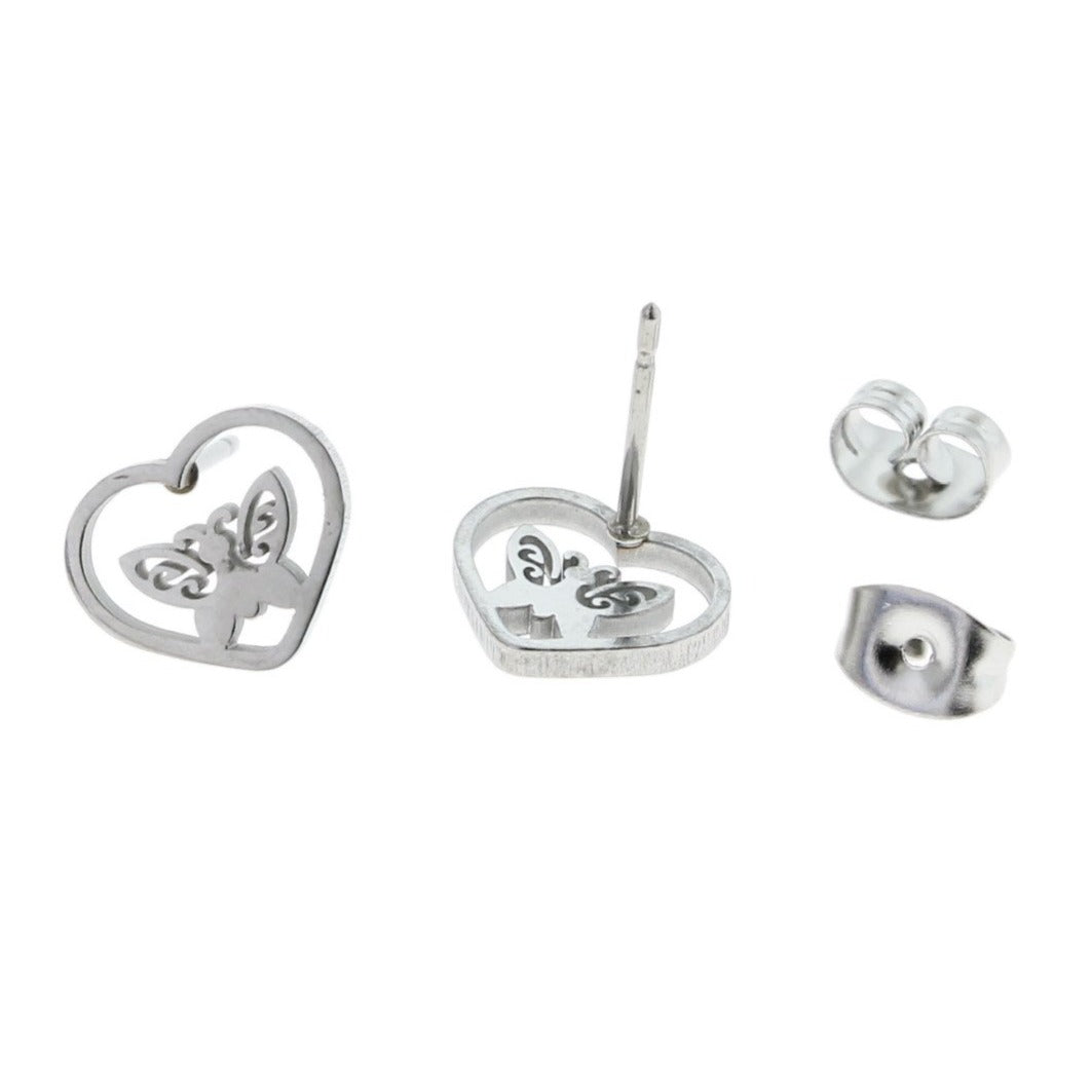 Boucles d'Oreilles Acier Inoxydable - Clous Coeur Papillon - 10mm x 8mm - 2 Pièces 1 Paire - ER043