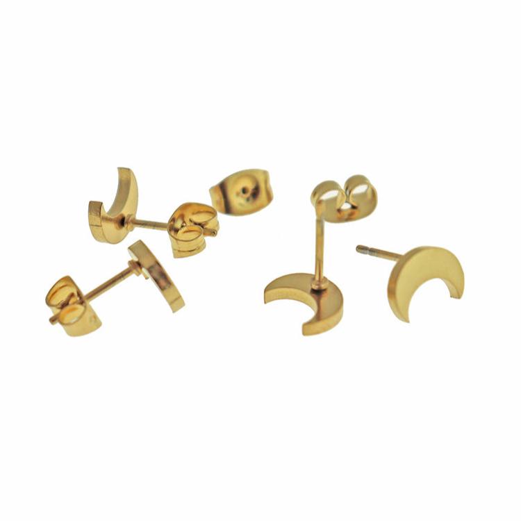 Stainless Steel Earrings - Crescent Moon Studs - 8mm x 3mm - 1 Pair - Choose Your Tone!