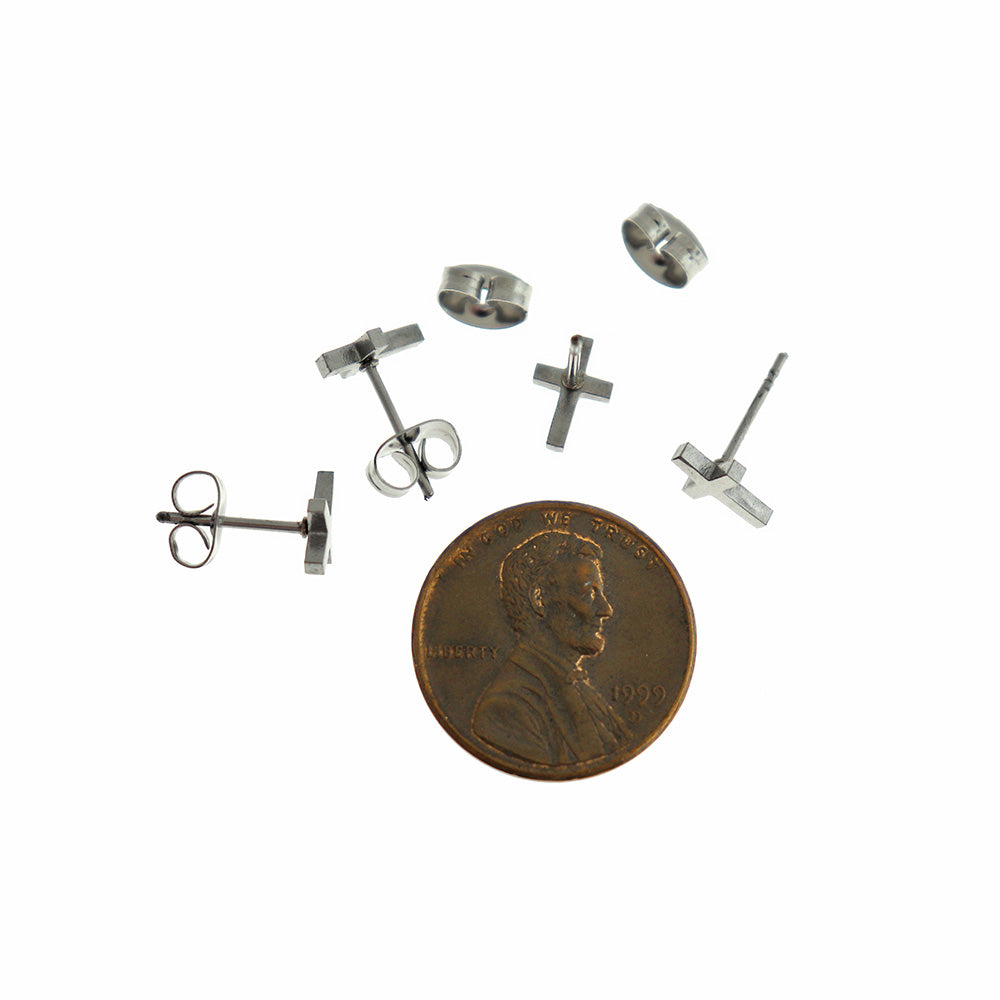 Stainless Steel Earrings - Cross Studs - 8mm x 5mm - 1 Pair - Choose Your Tone!