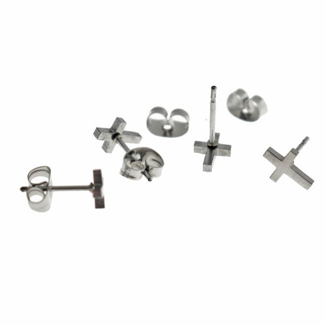 Stainless Steel Earrings - Cross Studs - 8mm x 5mm - 1 Pair - Choose Your Tone!