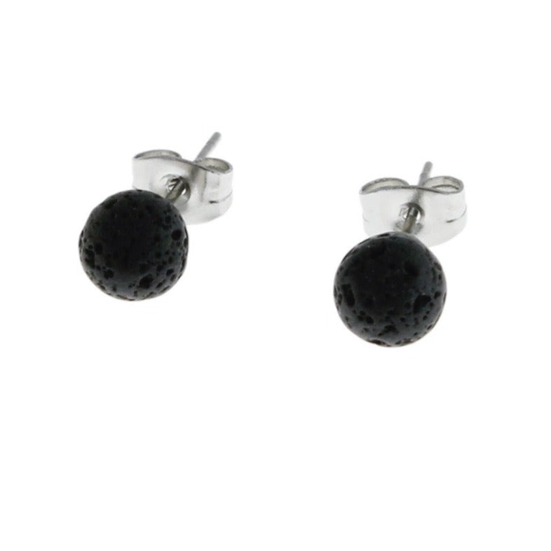 Stainless Steel Earrings - Natural Lava Ball Studs - 6mm - 2 Pieces 1 Pair - ER200