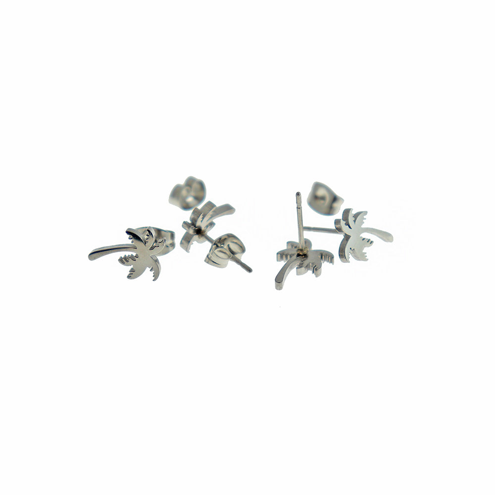 Stainless Steel Earrings - Palm Tree Studs - 11mm x 8mm - 1 Pair - Choose Your Tone!