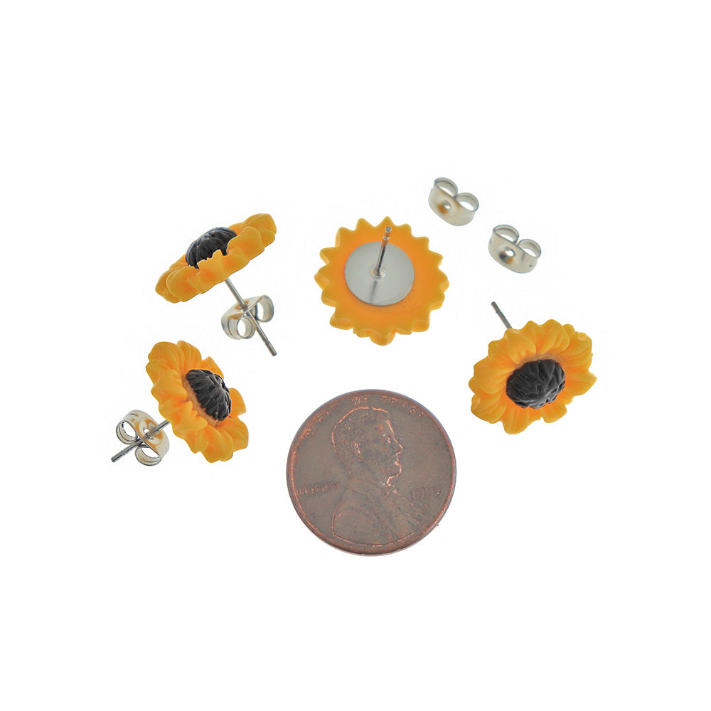 Stainless Steel Earrings - Sunflower Resin Studs - 15mm - 2 Pieces 1 Pair - ER505