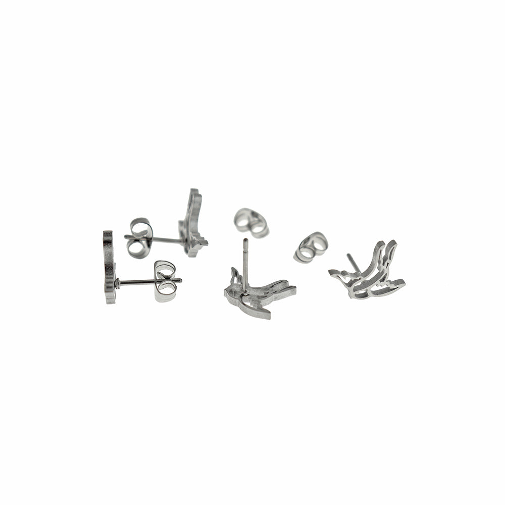 Stainless Steel Earrings - Swallow Studs - 13mm x 11mm - 1 Pair - Choose Your Tone!