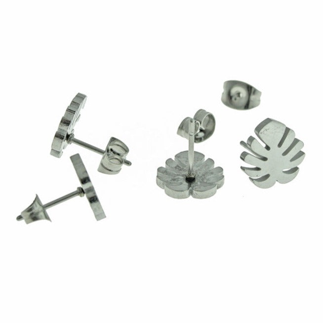 Stainless Steel Earrings - Tropical Leaf Studs - 8mm - 1 Pair - Choose Your Tone!