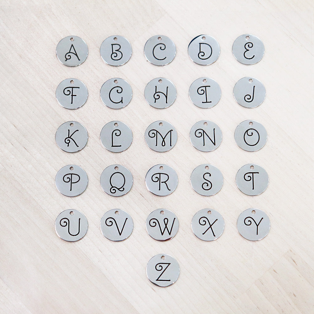 Stainless Steel Letter Charms - Choose Your Initial & Quantity - 13mm Round - Whimsical Alphabet - ALPHA3800BFS-IND