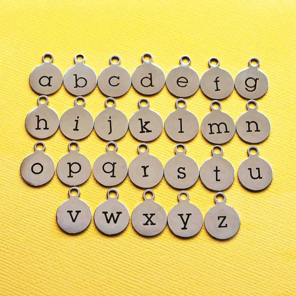 Stainless Steel Letter Charms - Full Alphabet 26 Letters - Lowercase Alphabet - 13mm With Loop - ALPHA1400BFS