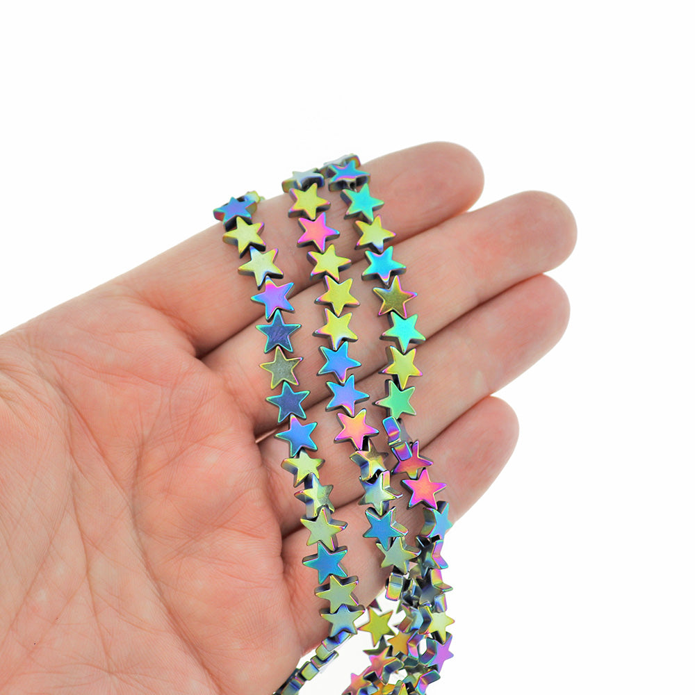 Star Imitation Hematite Beads 8mm - Electroplated Rainbow - 1 Strand 62 Beads - BD795