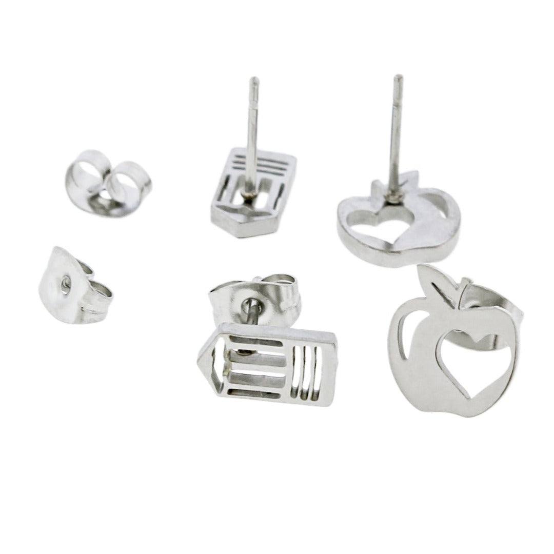 Boucles d'Oreilles Acier Inoxydable - Clous Pomme et Crayon - 10mm x 9mm - 2 Pièces 1 Paire - ER611