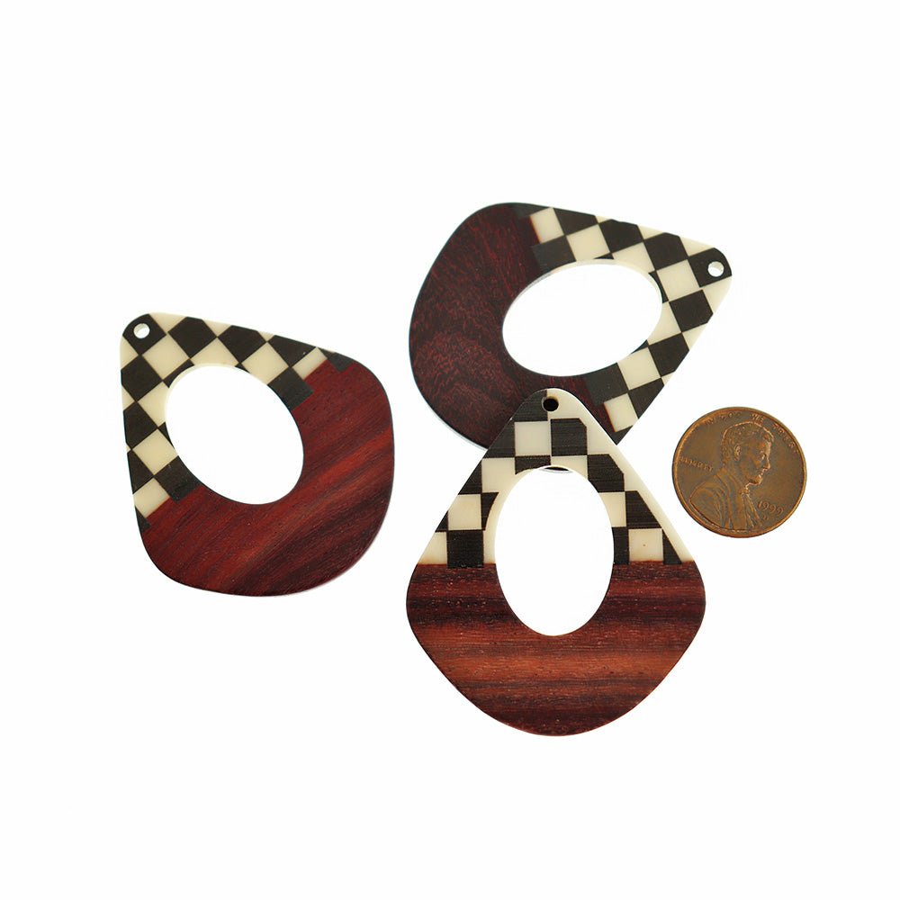 Teardrop Natural Wood and Checkered Resin Charm 48mm - WP008