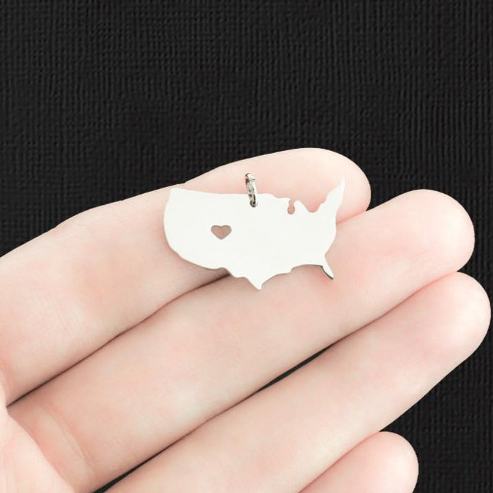 USA Map Silver Tone Stainless Steel Charms 2 Sided with Attached Jump Ring - FD575