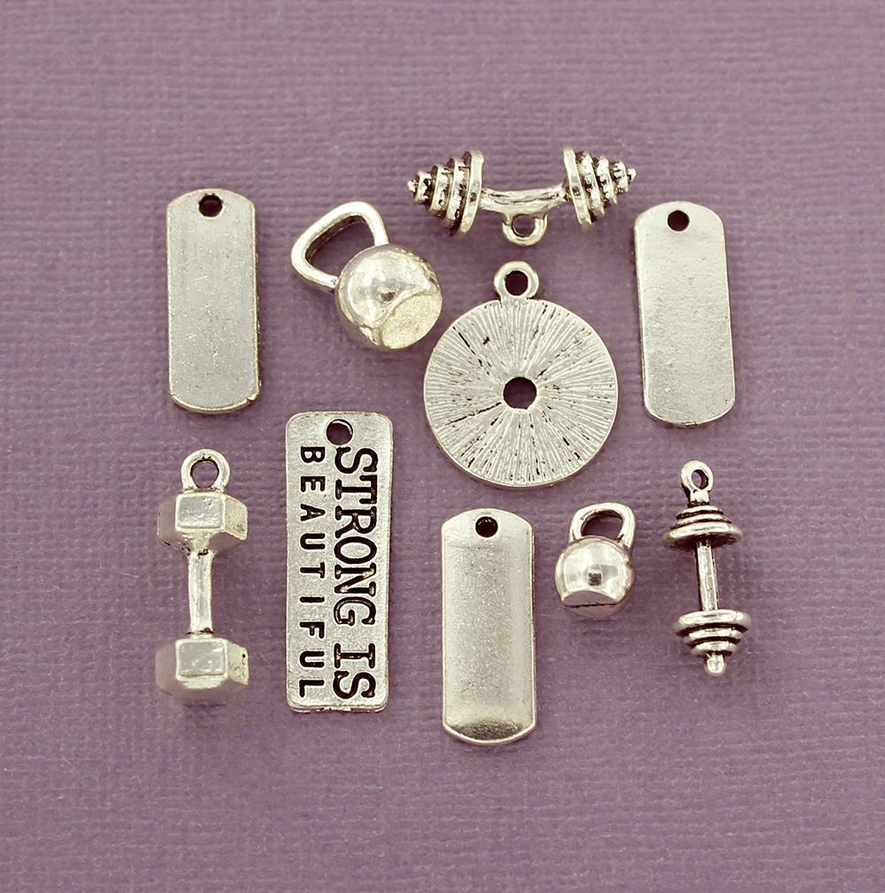 Collection de breloques de musculation ton argent antique 10 breloques - COL335