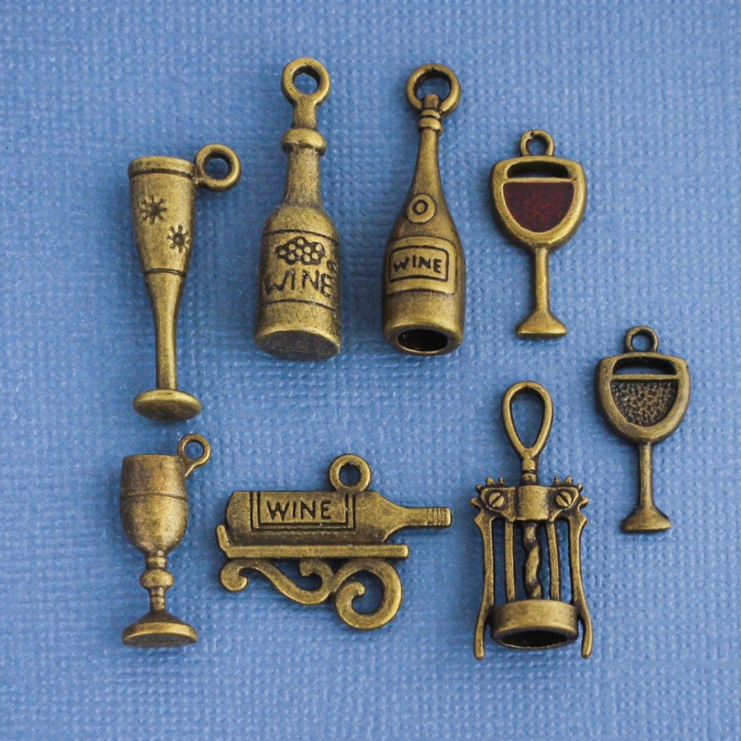 Wine Charm Collection Antique Bronze Tone 8 Different Charms - COL089