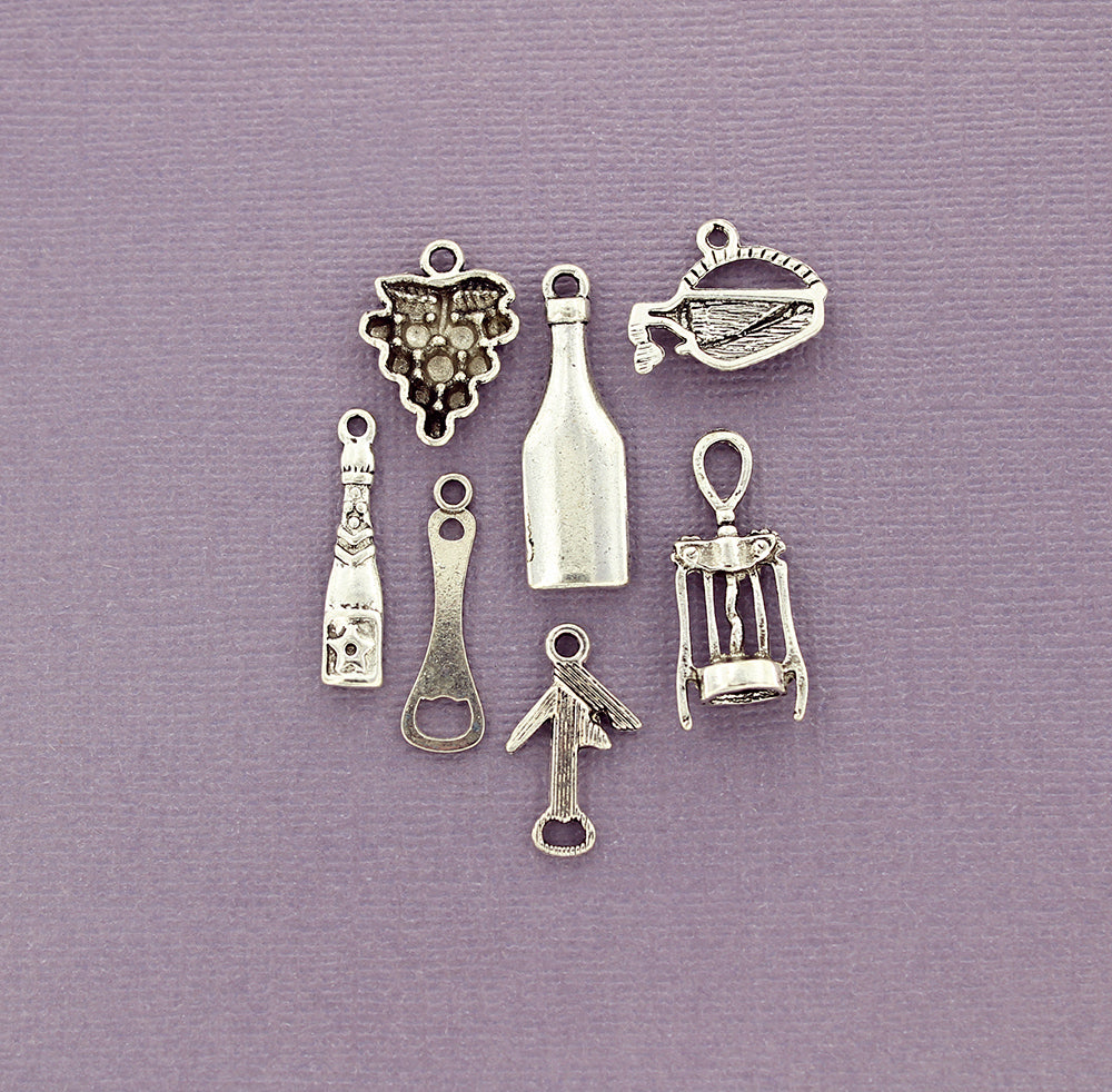 Wine Charm Collection Antique Silver Tone 7 Different Charms - COL109H