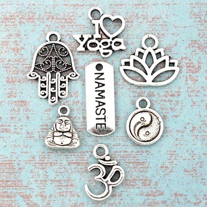 Yoga Charm Collection Antique Silver Tone 7 Different Charms - COL126