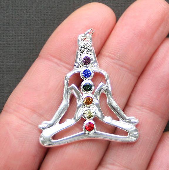 Yoga Silver Tone Charm with Inset Rhinestone Chakras - SC2607