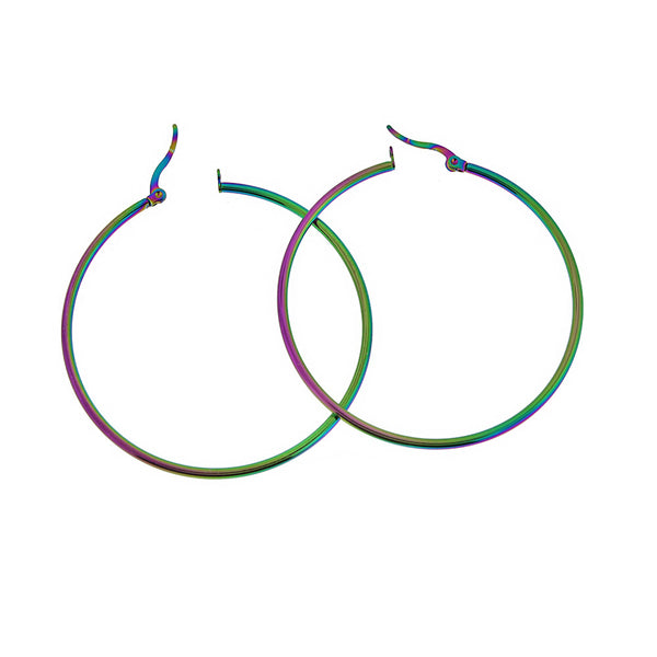 Hoop Earrings - Rainbow Electroplated Stainless Steel - Lever Back 55mm - 2 Pieces 1 Pair - Z1413