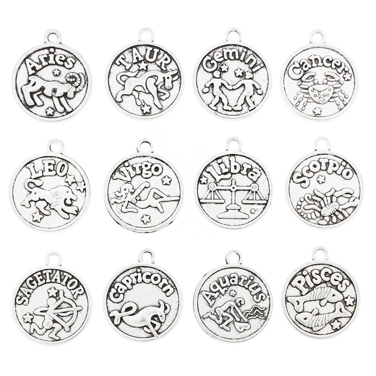 Zodiac Antique Silver Tone Charms 2 faces - 1 ensemble de 12 pièces - SC7002
