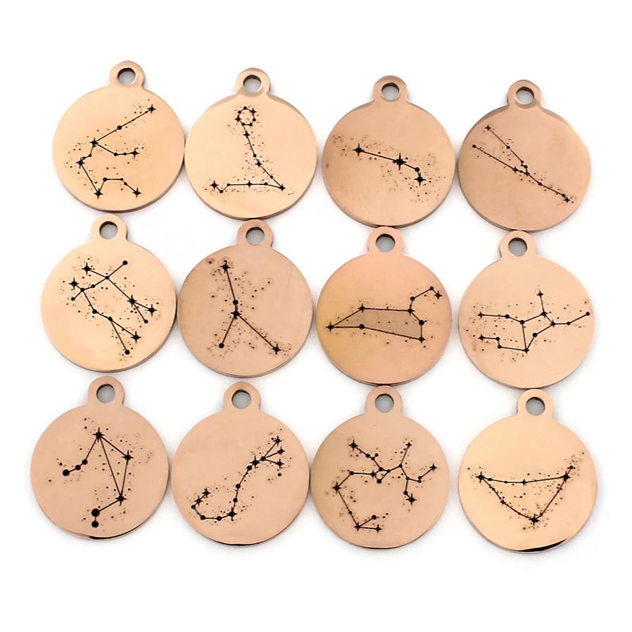 Zodiac Charm Collection Stainless Steel 12 Different Charms - Rose Gold Round Constellations - COL197ROGOLD