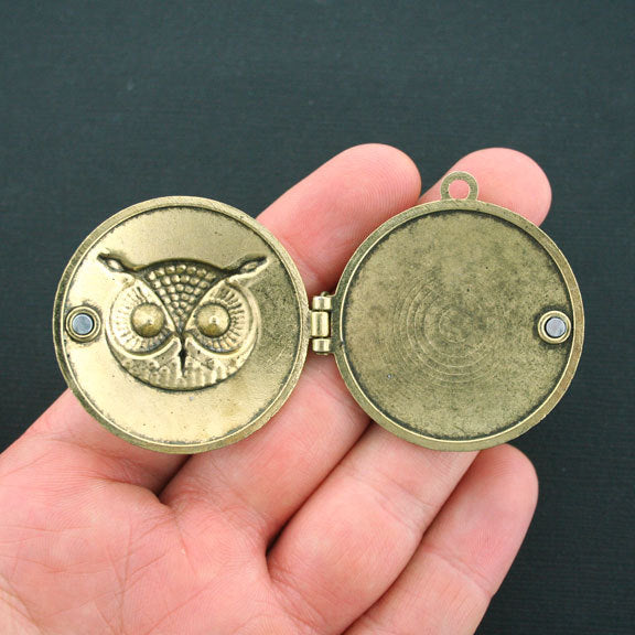 Owl Locket Antique Gold Tone Charms 2 Sided With Rhinestones - GC423