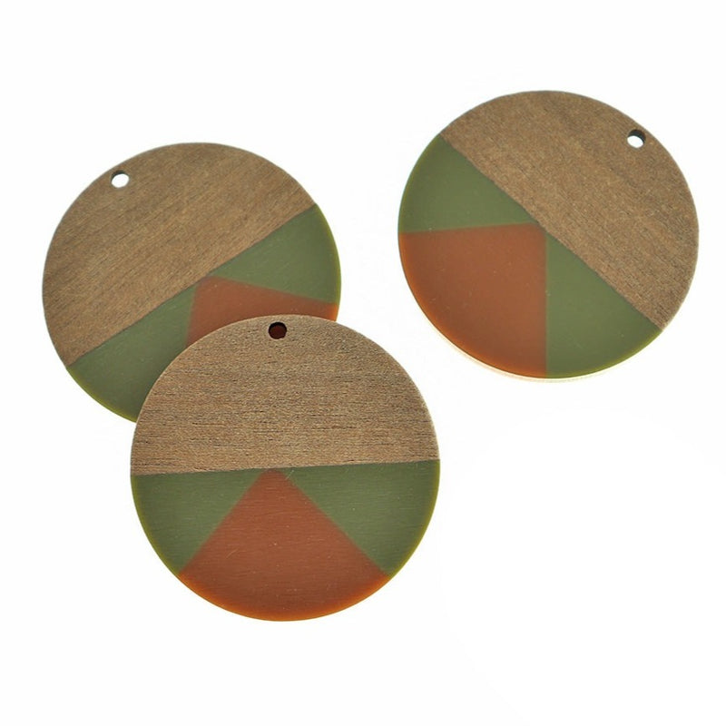 Round Natural Wood and Resin Charm 38mm - Green and Brown - WP526