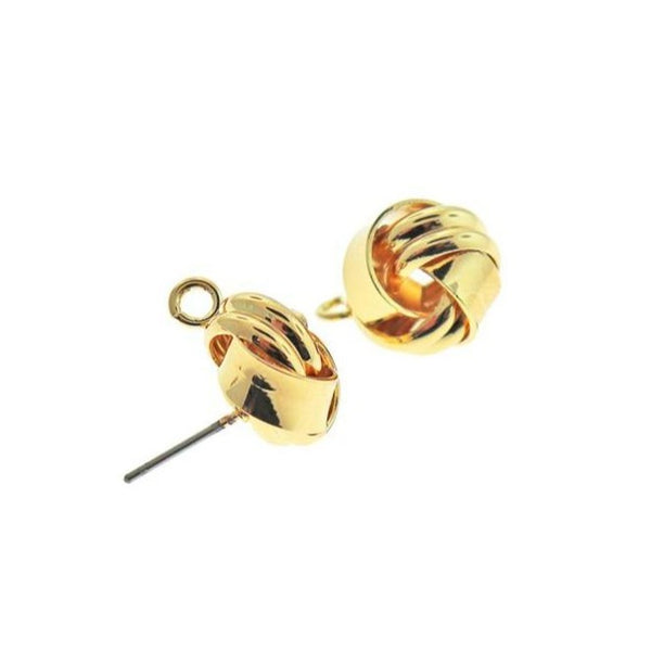 Gold Tone Knot Earrings - Stud With Loop - 16mm - 2 Pieces 1 Pair - FD445
