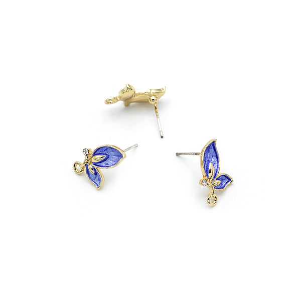 Blue Rhinestone Butterfly Earrings - Gold Tone Stud With Loop - 2 Pieces 1 Pair - Z1456