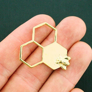 4 Honeycomb Bee Connector Gold Tone Charms - GC946