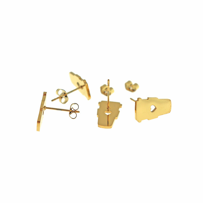Gold Tone Stainless Steel Earrings - Coffee Cup Studs - 14mm x 8mm - 2 Pieces 1 Pair - ER795