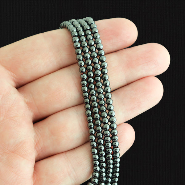 Round Synthetic Hematite Beads 3mm - Metallic Black - 1 Strand 165 Beads - BD1767