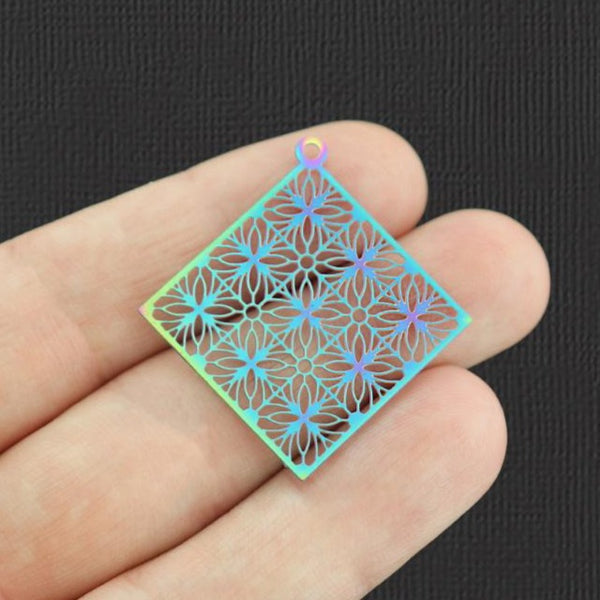 2 Lace Rhombus Rainbow Electroplated Stainless Steel Charms 2 Sided - SSP246