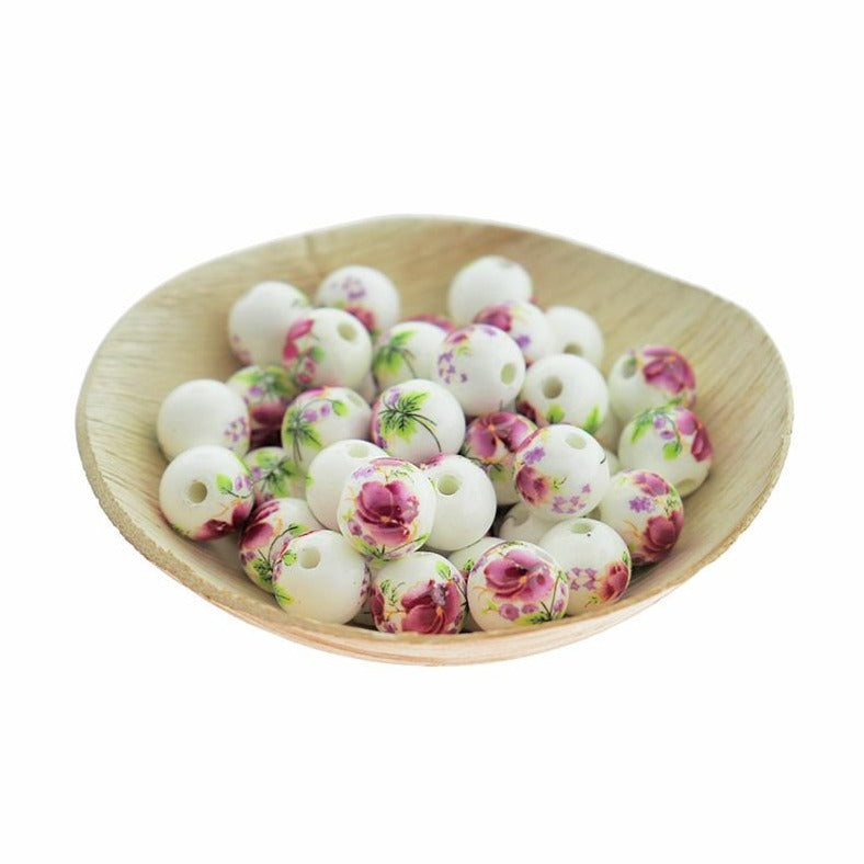 Perles Rondes en Céramique 12mm - Floral Violet - 12 Perles - BD2330