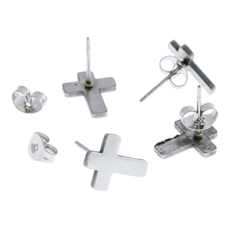 Stainless Steel Earrings - Cross Studs - 12mm x 10mm - 2 Pieces 1 Pair - ER388