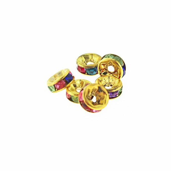 Rondelle Spacer Beads 6mm x 2mm - Gold Tone with Multi-Color Rhinestones - 25 Beads - SC8022