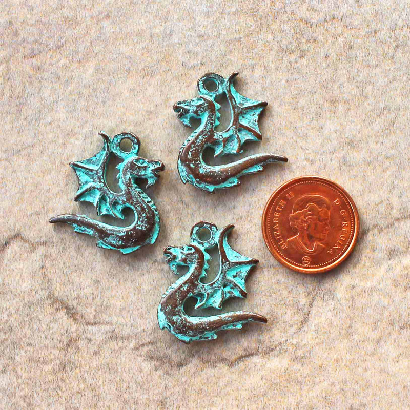 Dragon Antique Copper Tone Mykonos Charms with Green Patina 2 Sided - BC1541