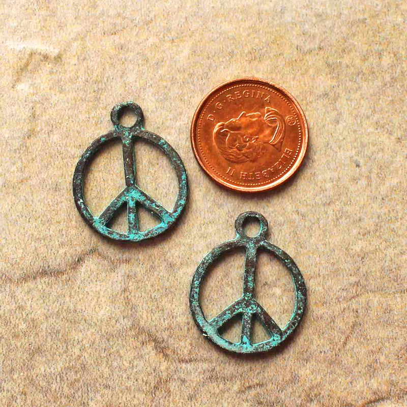 2 Peace Sign Antique Copper Tone Mykonos Charms with Green Patina 2 Sided - BC1562