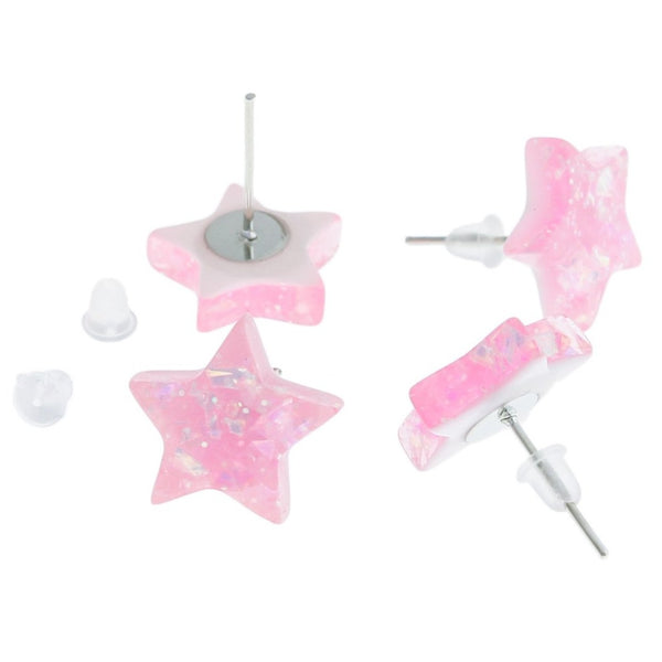 Boucles d'oreilles en résine - clous d'étoiles à paillettes roses - 14 mm - 2 pièces 1 paire - ER380